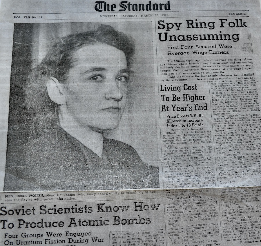 Photograph of the Montreal Standard newspaper March 16, 1946 showing Emma Woikin. Photography by Rhonda Jesckey.