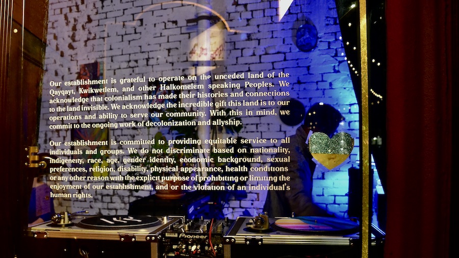 Photo of a treastise of a land acknowledgement and equitable inclusion of all patrons to the establishment. Photography by Rhonda Jesckey.