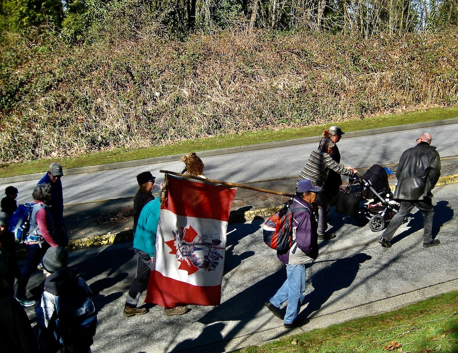 Photo of a protest with a man carrying a Canadian flag with the maple leaf partially obscured by an Indigenous man. Photography by Rhonda Jesckey.